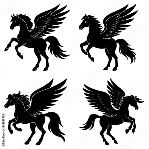 Four silhouette pegasus figures with wings in various poses on a white background design element art