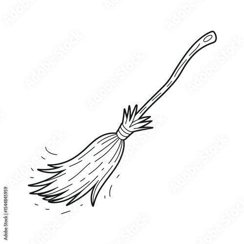 Hand drawn witch broom illustration in black and white style