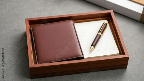 A refined stationery set symbolizing elegance poised for inspiration and creativity in wood toned
