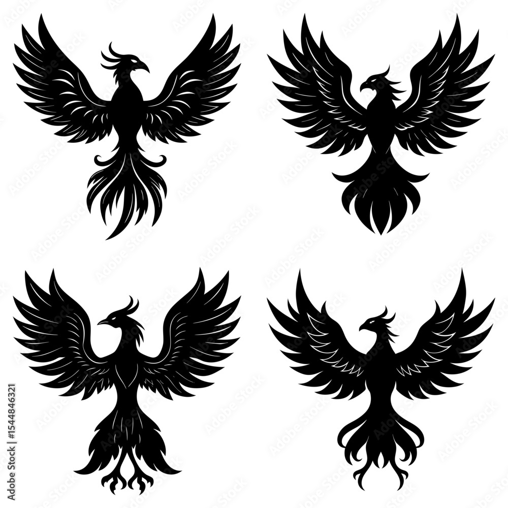 Fototapeta premium Four phoenix birds in black silhouette with wings spread on a white background in a symmetrical arrangement