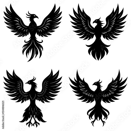 Four phoenix birds in black silhouette with wings spread on a white background in a symmetrical arrangement