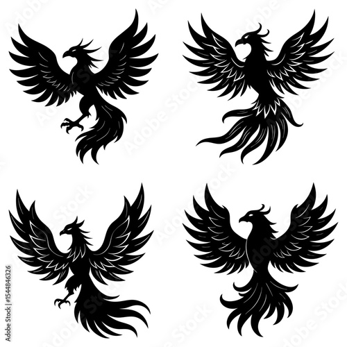 Four phoenix birds in black silhouette with wings spread and tails flowing in different directions