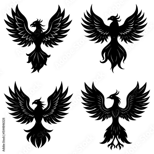 Four phoenix birds in black silhouette with wings spread on a white background in a symmetrical pattern