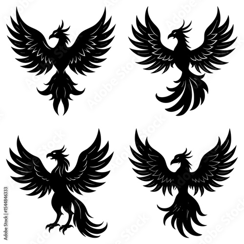 Four phoenix birds in black silhouette with wings spread and detailed feather patterns in various poses