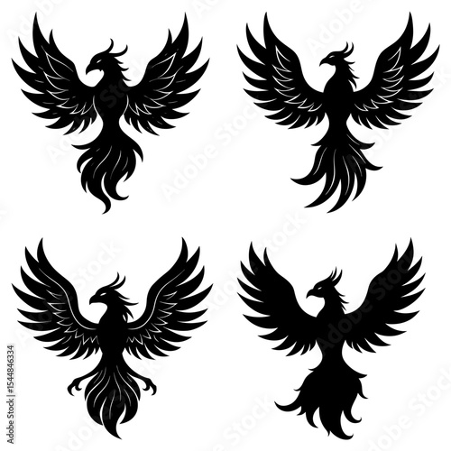 Four black phoenix birds with spread wings arranged in a square pattern on a white background design element