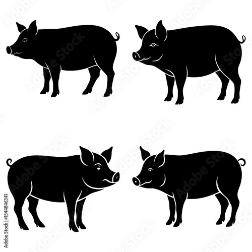 Four black silhouette style pigs in various poses on a white background farm animal illustration design