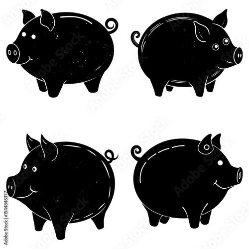 Four black pig illustrations on a white background in a square format with curly tails and snout details