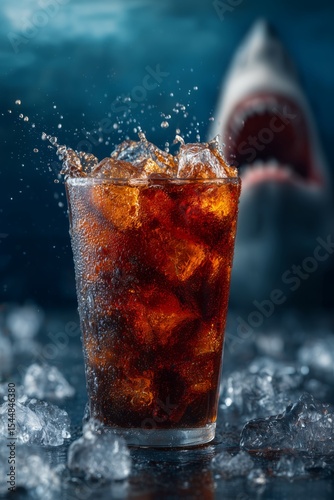A close-up of a glass filled with cola and ice cubes, creating a splash. In the background, the menacing silhouette of a shark adds an adventurous mood to the scene.