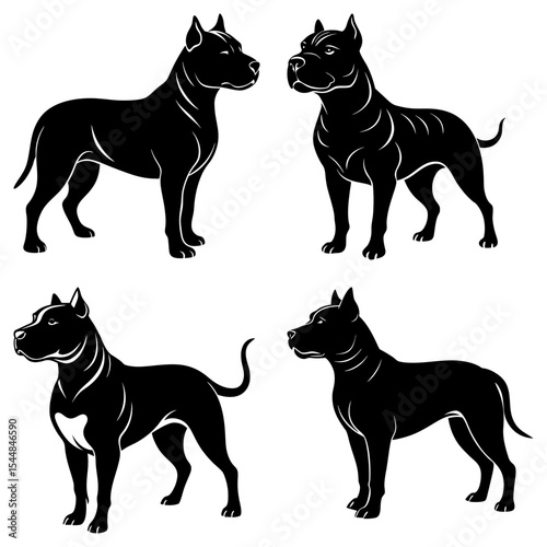 Four black pitbull dogs in different poses with white line details on a white background design vector