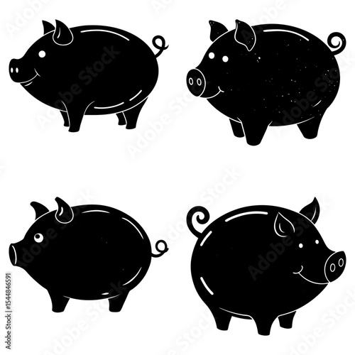 Four black silhouette cartoon pigs with curly tails and smiling faces on a white background illustration