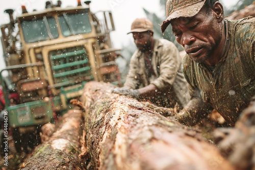 Brutal industrial logging activity takes place in tropical jungle with machinery and workers