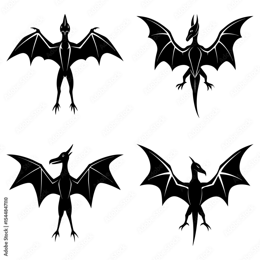 Naklejka premium Four black silhouette illustrations of dragon like creatures with wings in various poses on white