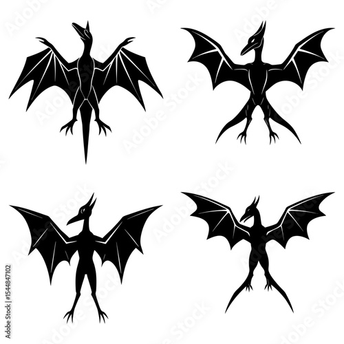 Four pterodactyl silhouettes displayed in a square formation against a white background image design