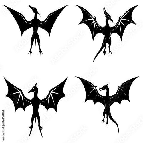 Four black silhouette pterodactyls with wings spread in different poses against white background view