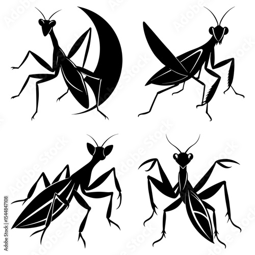 Collection of four stylized praying mantis insect silhouettes in various poses and wing positions