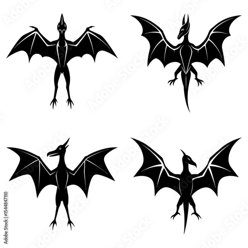 Four black silhouette illustrations of dragon like creatures with wings in various poses on white