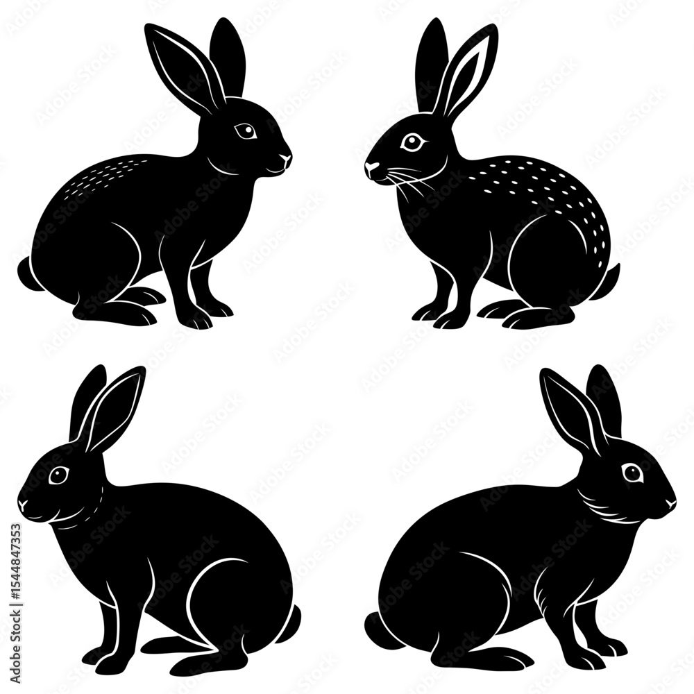 Fototapeta premium Four black rabbits in different poses with long ears and short tails on a white isolated background