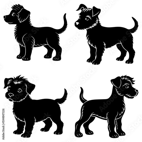 Four black cartoon dogs of different breeds standing in various poses on a white background vector art