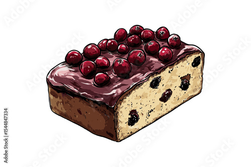 A slice of cake topped with cherries, artistic graphic style, displayed on a white background, Christmas dessert concept