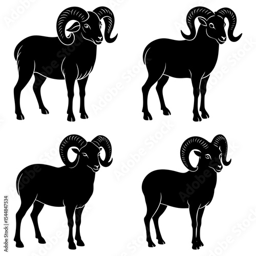 Four black silhouette drawings of rams with curved horns standing on a white background design element