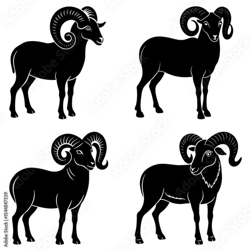 Four black silhouette depictions of rams with large curled horns in a symmetrical arrangement