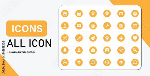 Collection of Yellow Circle Icons Representing Various Functions and Applications on White Background