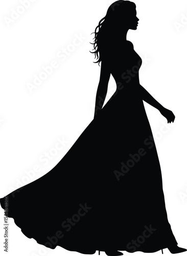 Elegant woman in flowing gown silhouette, fashion beauty illustration, stylish female figure in dress, graceful lady posing clipart, black vector outline, glamorous model walking scene