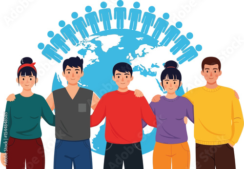 Group of people with arms around each other in front of a world graphic