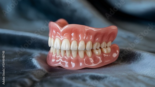 Detailed image showing a Full Denture resting on a satin fabric for dental care