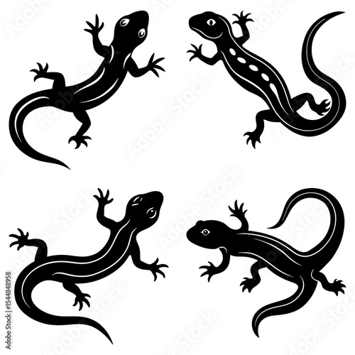 Four black silhouette lizards with curled tails and small feet on a white background design element