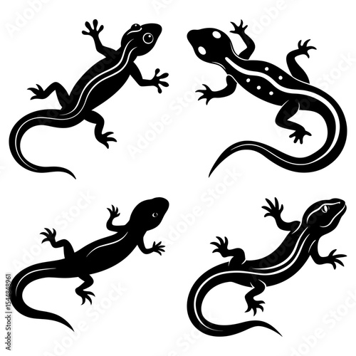 Four black silhouette lizards with unique patterns and curled tails on a white background design element