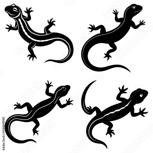 Four stylized black lizards with curled tails and detailed feet on a white background display art