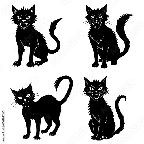 Four black cats in various poses with arched backs and bared teeth on a white isolated background