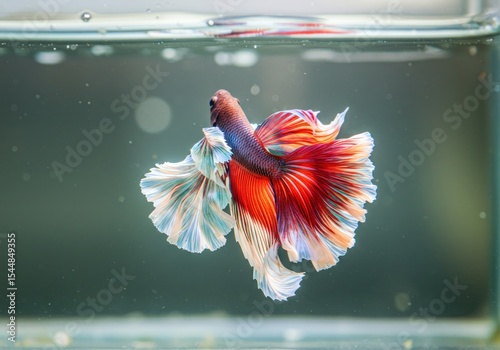 Colorful Betta fish swimming gracefully in a clear aquarium with bubbles photo