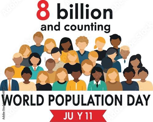 World population day banner with diverse group of people and july date