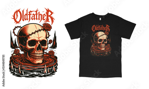 Vector art of a skull with a thorn crown and roses is submerged in water, featured on a black t-shirt with the band name old father