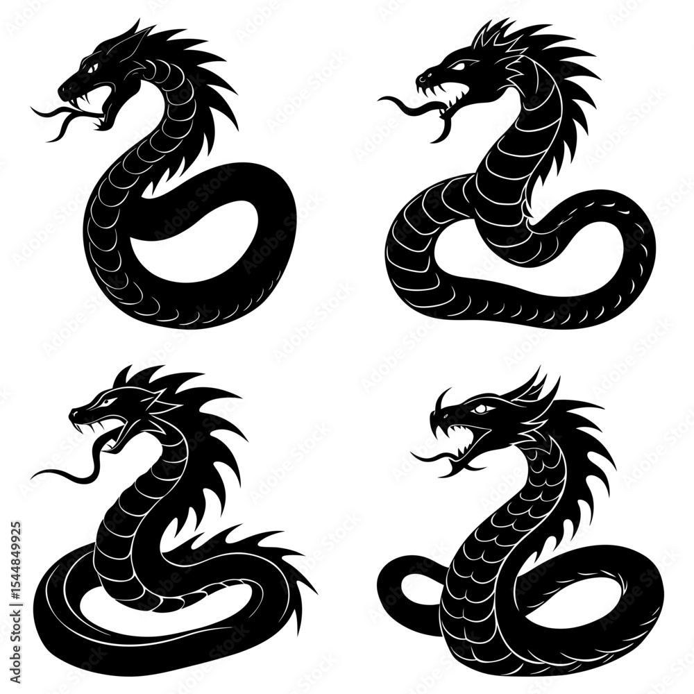 Obraz premium Collection of four black dragon illustrations with intricate details and varying body positions and features