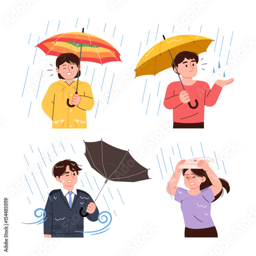 People on a rainy day. Some people are holding umbrellas, while others have their umbrellas flipped over in the wind and are getting rained on.