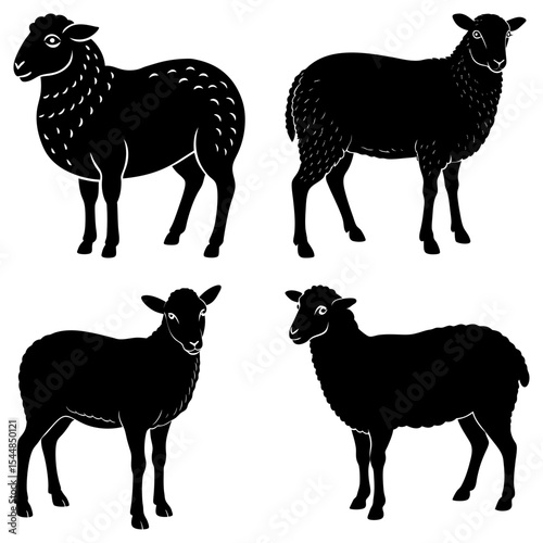 Four black sheep silhouettes in various poses standing on a white background in a vector graphic