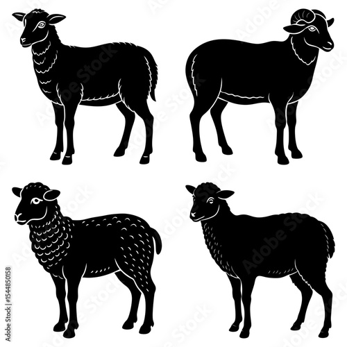 Illustration of four black sheep in varying styles standing against a white background plain and simple