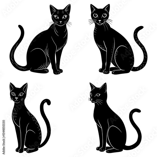 Four black cats in various poses sitting and looking forward on a white background illustration art style