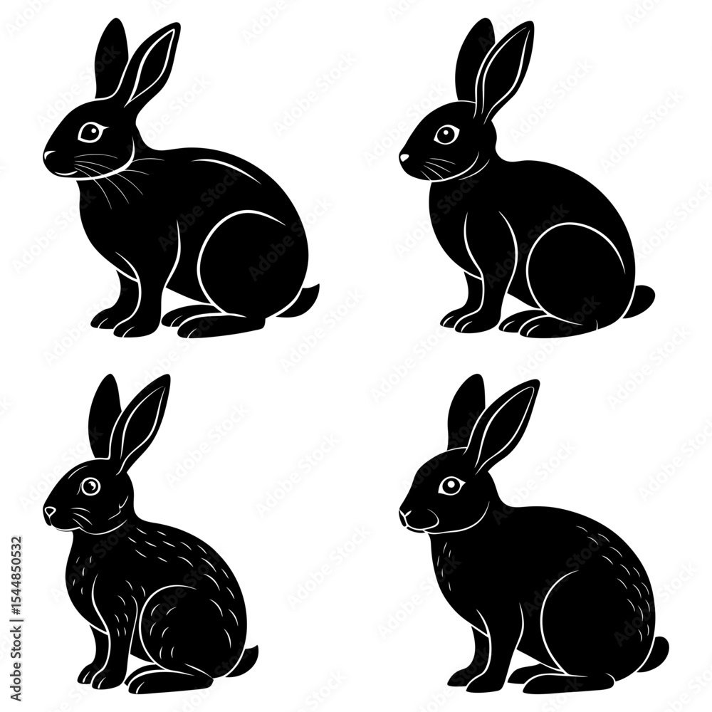 Fototapeta premium Four black rabbits in various poses against a white background in a simple vector style illustration