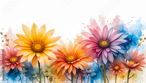 Fototapeta Naklejka Na Ścianę i Meble -  Beautifully rendered watercolor flowers in a joyful spectrum of hues, perfect for spring and summer designs, on a pristine white background.