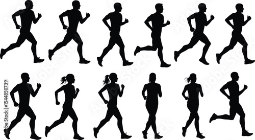 Silhouette runners, jogging male and female figures in motion, group fitness exercise, running silhouettes set, sporty people jogging graphic, athletic movement pose collection illustration