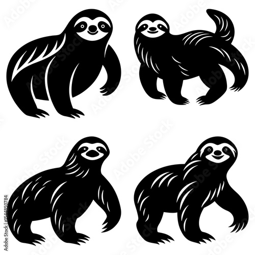 Four adorable black and white sloths in varying poses against a white background image design layout