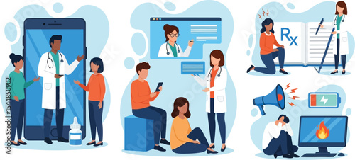 Illustration depicting various aspects of telemedicine and healthcare services for patients online
