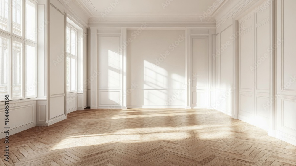 Fototapeta premium Sunlit Empty Room with Hardwood Floors and Classic Molding