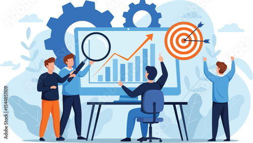 Team analyzing growth chart on computer with target and gears in a business strategy illustration