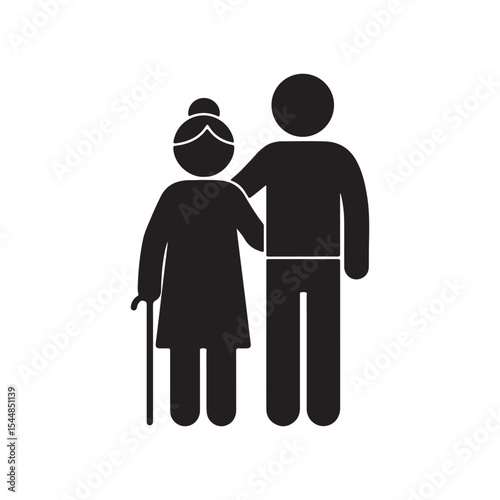 Pictogram of Elderly Woman with Walking Stick Assisted by Caregiver Demonstrating Respect and Support in Simple Black and White Design