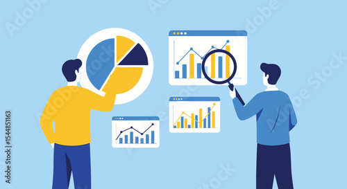Two people analyzing data charts and pie charts with a magnifying glass on a light blue background